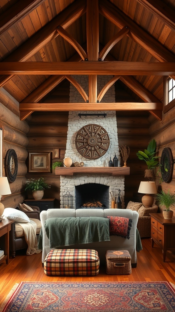 15 Inspiring Bedroom Ideas to Transform Your Space 22 A cozy rustic cabin living room with wooden beams, a stone fireplace, and warm decor.