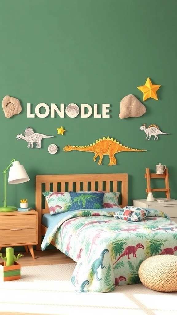 12 Creative Boys Bedroom Ideas for a Fun and Stylish Space 15 A boy's bedroom featuring dinosaur-themed decor with a green wall and fossil wall art.