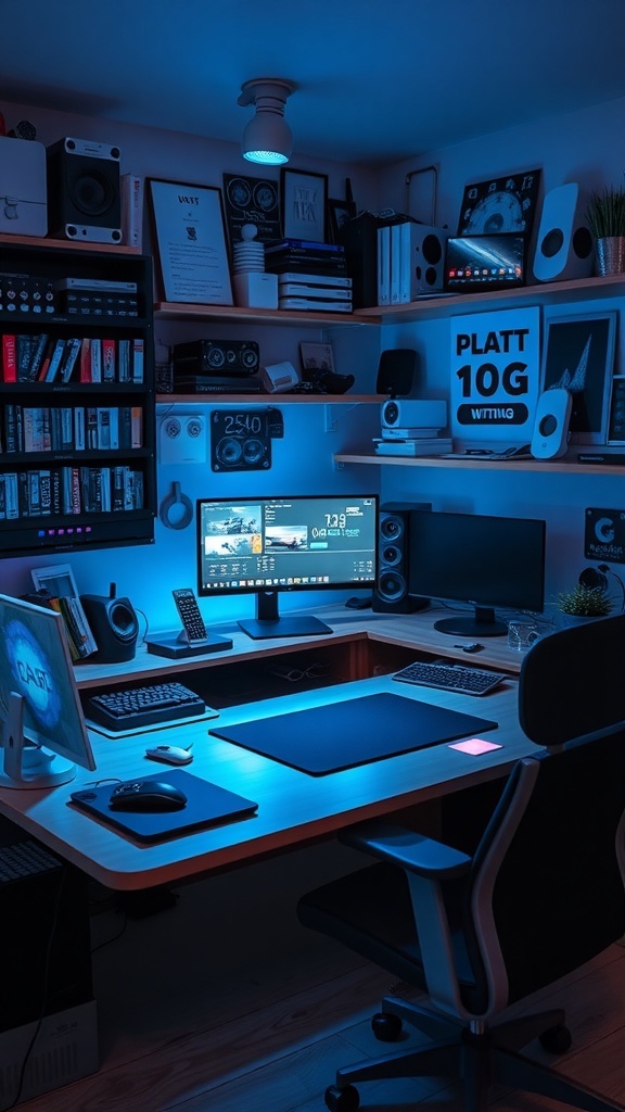 12 Inspiring Home Office Layout Ideas for Ultimate Productivity 24 A modern home office setup featuring dual monitors, smart gadgets, and ambient lighting.