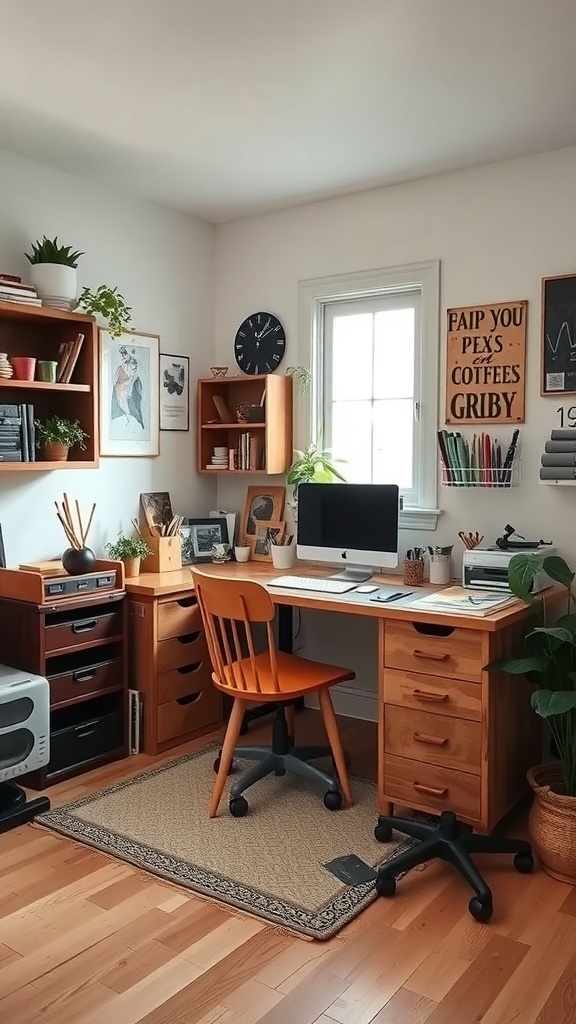 15 Must-Have Items for a Perfect Home Office Setup for Women 15 A cozy home office setup featuring wooden furniture, an orange chair, plants, and artwork.