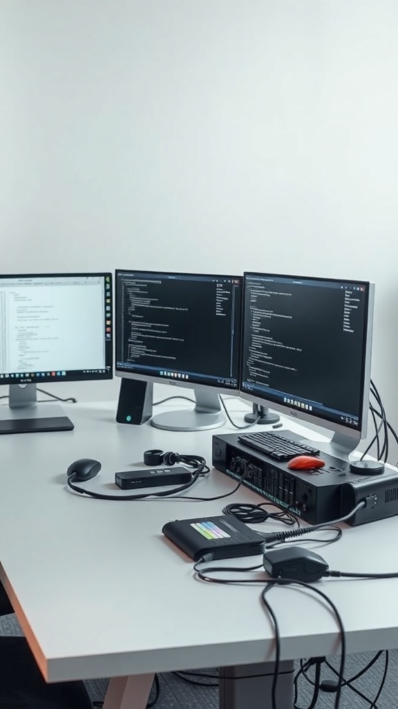 9 Stylish Double Desks for Your Home Office Setup 3 A modern double desk setup with two monitors, a computer, and organized cables.