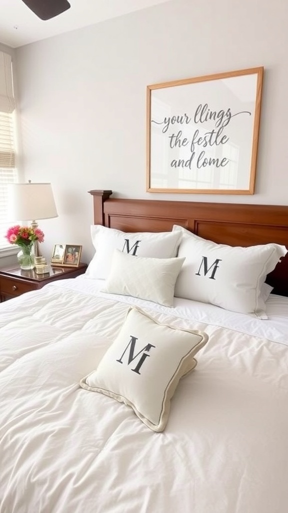 15 Cute Bedroom Ideas to Elevate Your Space 30 A cozy bedroom featuring personalized decor with monogrammed pillows and a warm wall art message.