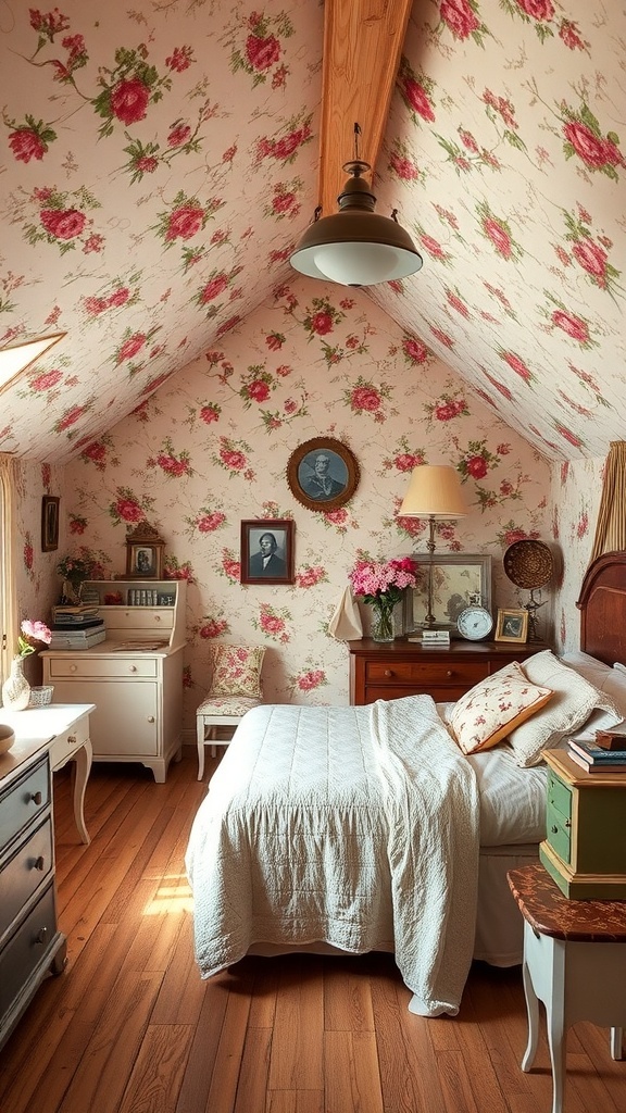 10 Cozy Attic Bedroom Ideas You’ll Love 14 A cozy attic bedroom with floral wallpaper, wooden beams, and vintage furniture.