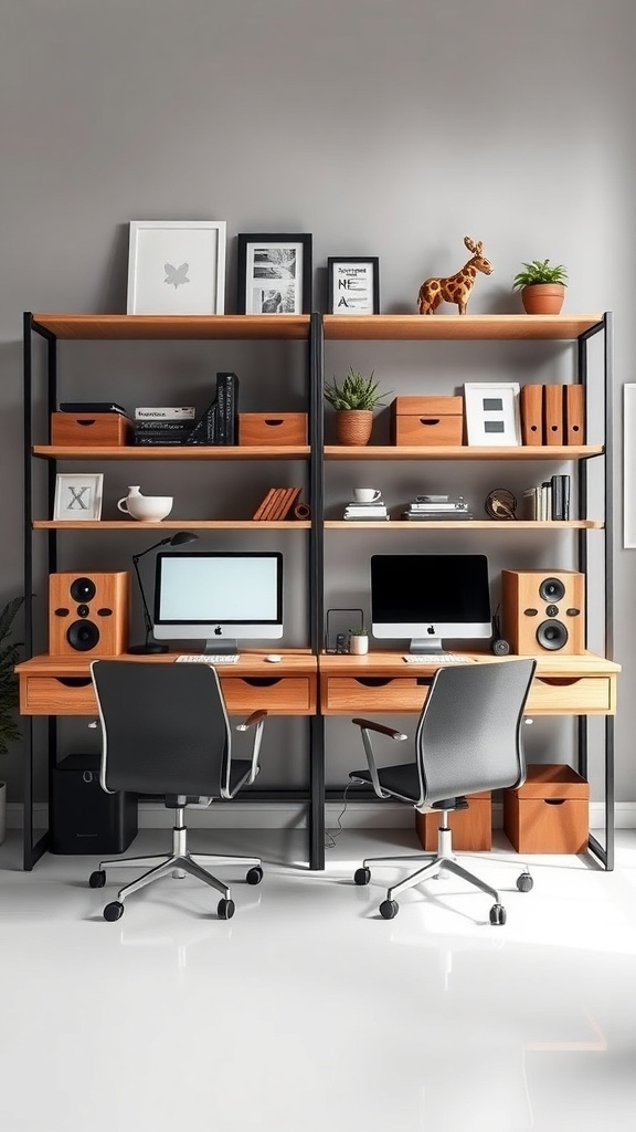9 Stylish Double Desks for Your Home Office Setup 6 A stylish double desk home office setup featuring a shelving unit with decorative items and plants.