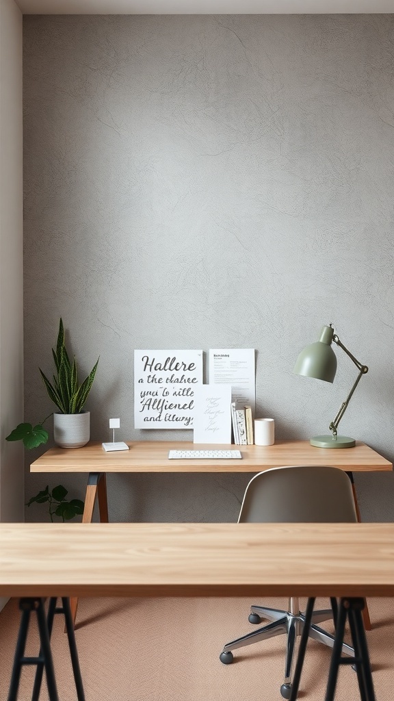14 Inspiring Paint Colors for Your Home Office Makeover 11 A modern home office featuring a textured gray wall, wooden desk, and minimal decor.