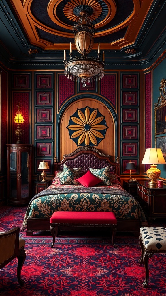 13 Stunning Bedroom Design Styles You Need to Try 11 A luxurious Art Deco bedroom featuring rich colors, intricate patterns, and elegant furniture.