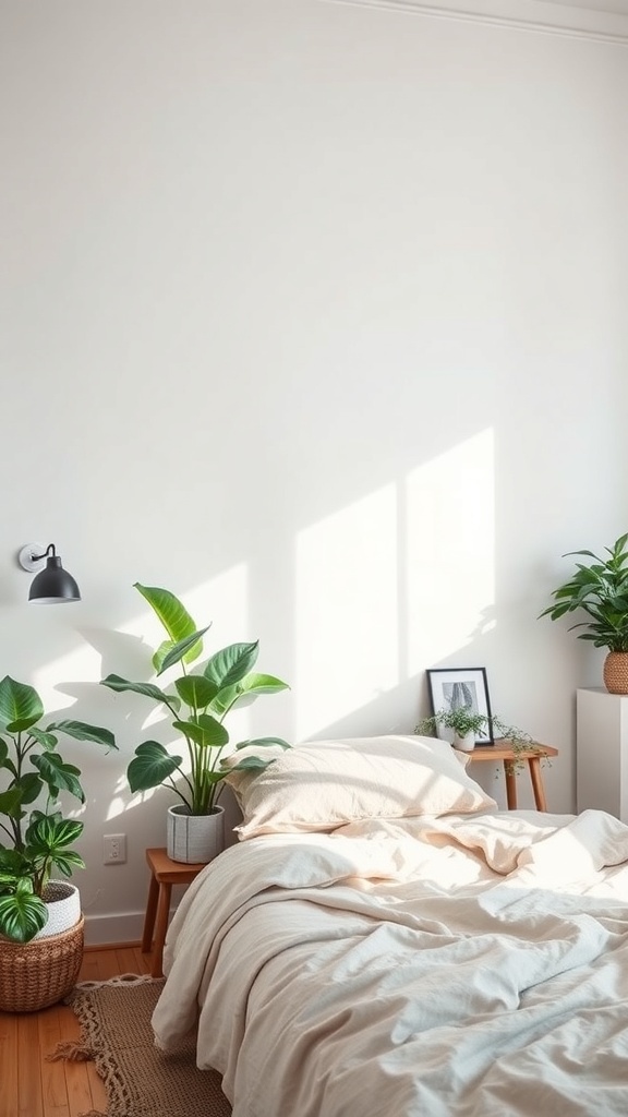 10 Minimal Bedroom Ideas for a Calm and Clutter-Free Space 4 A minimal bedroom with a bed, plants, and natural light.
