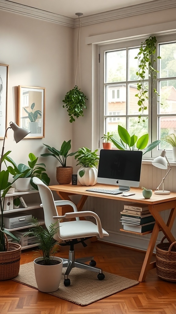 17 Inspiring Home Office Ideas for Men 18 A cozy and inviting home office with a wooden desk, computer, and various indoor plants.