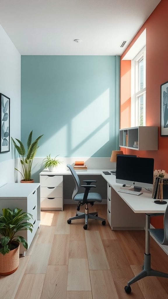 15 Creative Small Home Office Ideas for Maximum Productivity 1 A small home office featuring a blue and coral color scheme with plants and modern furniture.