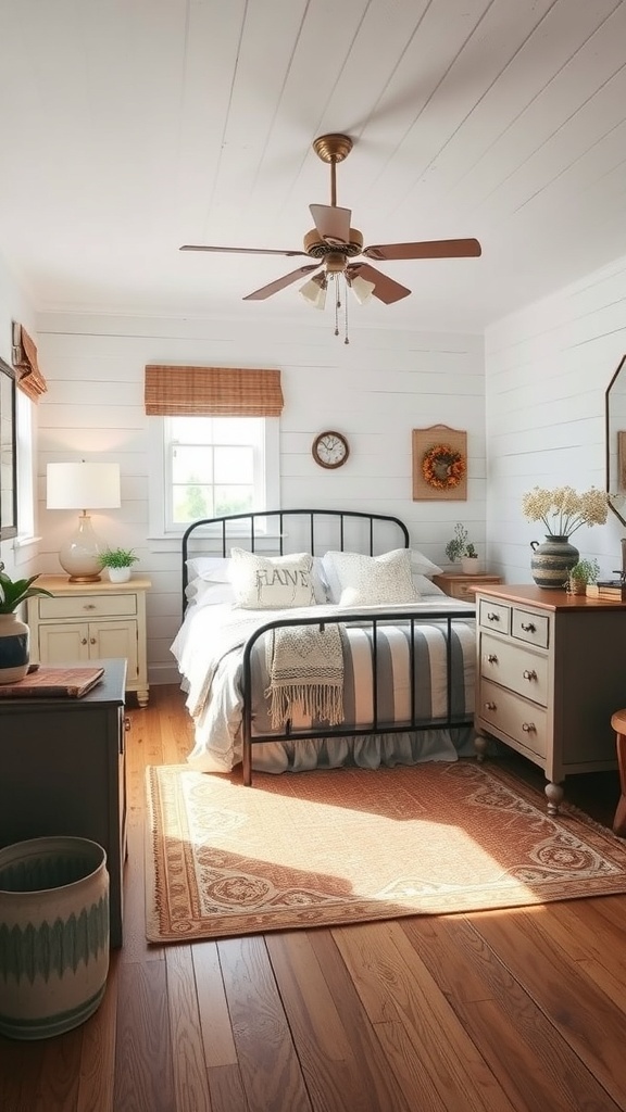 13 Stunning Bedroom Design Styles You Need to Try 10 A cozy farmhouse bedroom featuring a black metal bed frame, warm wooden floors, and soft natural light.