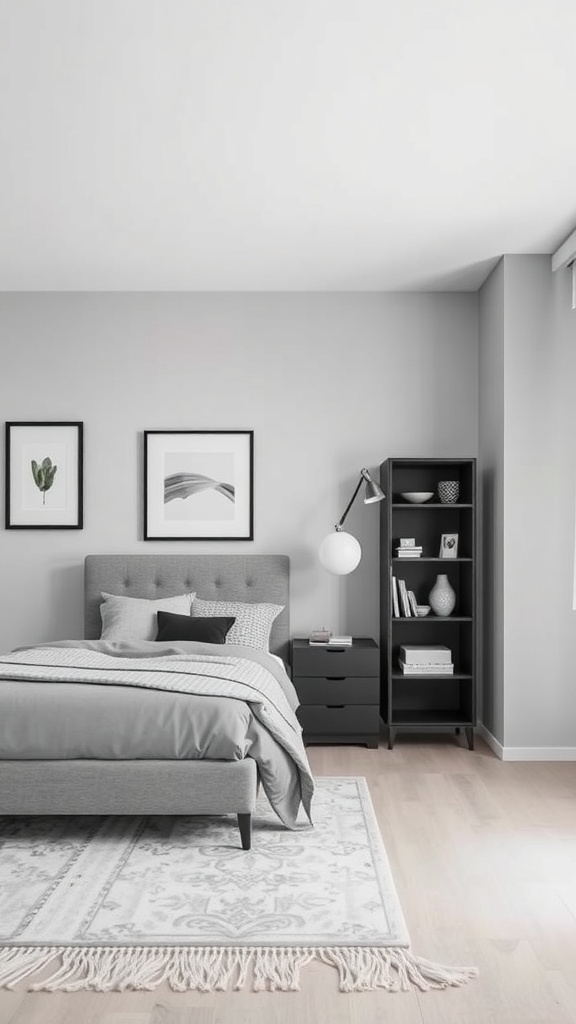 16 Stunning Grey Bedroom Ideas to Transform Your Space 27 A modern grey bedroom featuring a bed with grey linens, a black bookshelf, and a set of drawers.