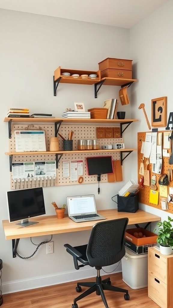 13 Essential Tips for an Organized Home Office 1 A well-organized home office with wall-mounted shelves and a pegboard for storage.