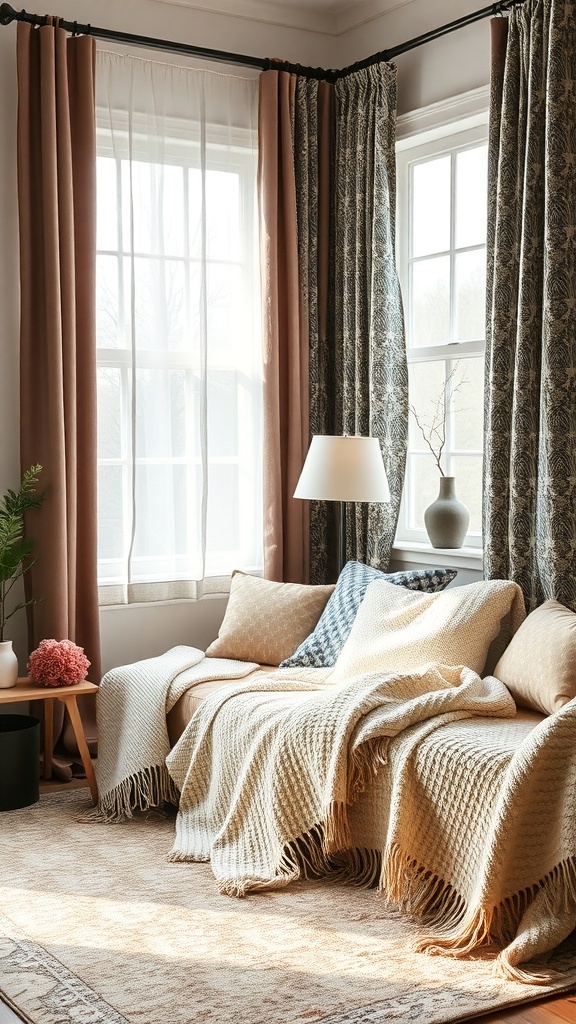 17 Stylish Home Office Guest Room Combos for Ultimate Efficiency 33 Cozy home office guest room with soft textiles, including blankets and pillows, and warm curtains.