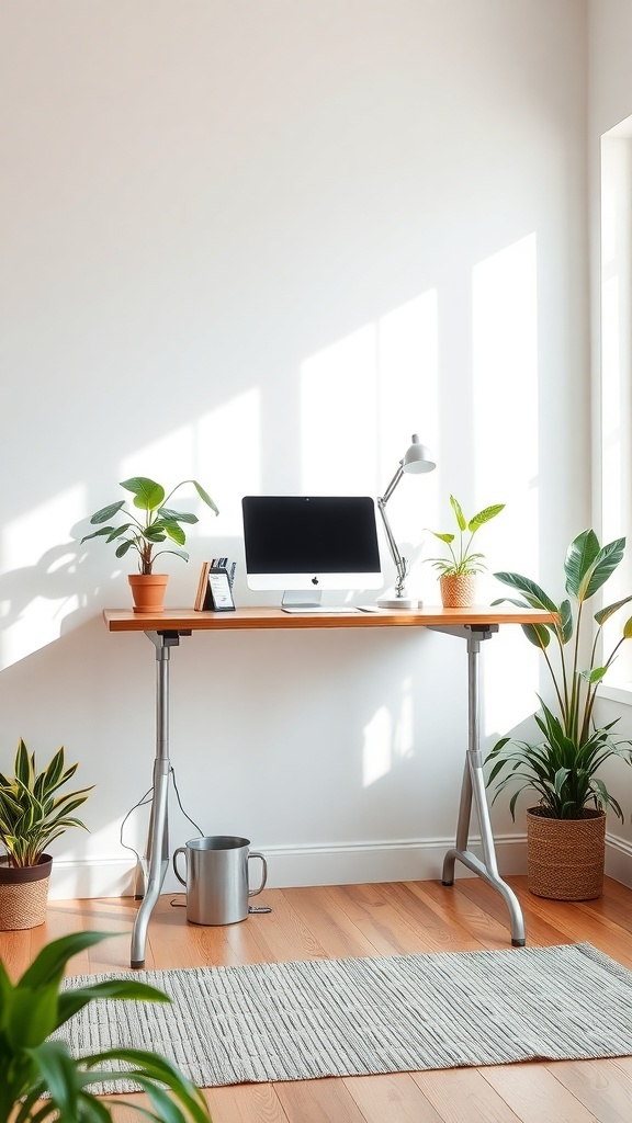13 Must-Have Standing Desks for Your Home Office Setup 25 A bright home office featuring a standing desk with a computer, surrounded by potted plants.
