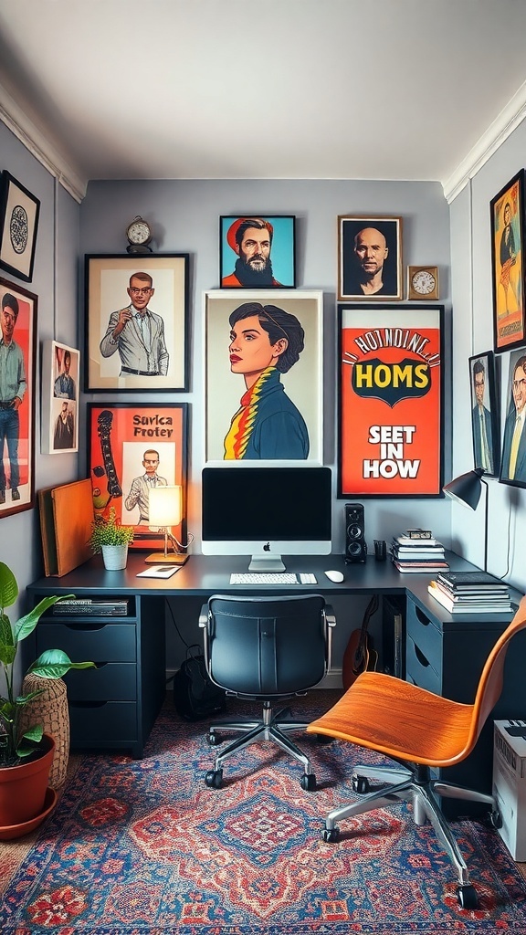 10 Must-Have Masculine Decor Items for Your Home Office 18 A stylish home office featuring vibrant artwork, a modern desk with a computer, and a cozy chair.