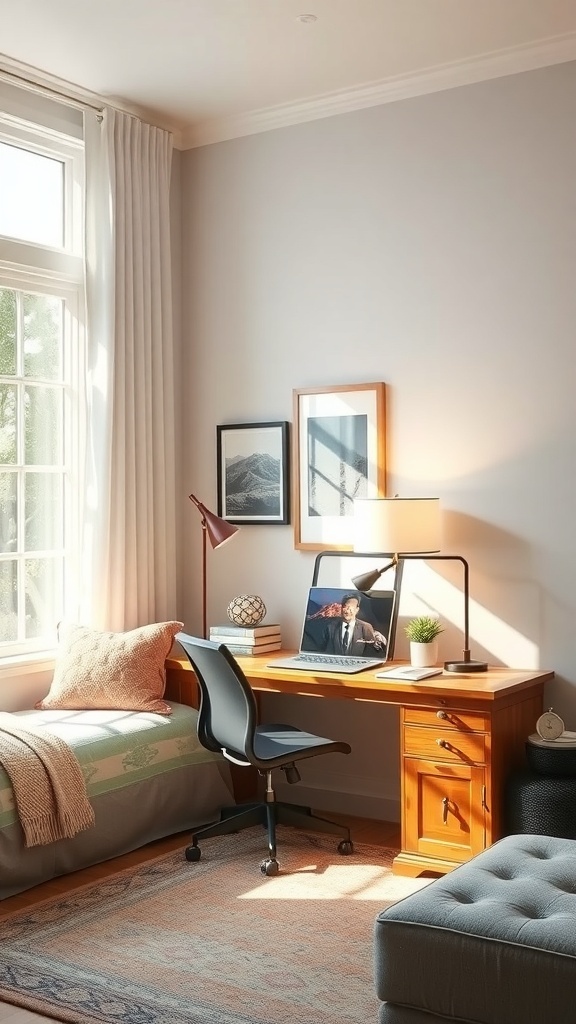 17 Stylish Home Office Guest Room Combos for Ultimate Efficiency 21 A bright home office guest room combo featuring a desk with a computer, a cozy bed, and natural light from large windows.
