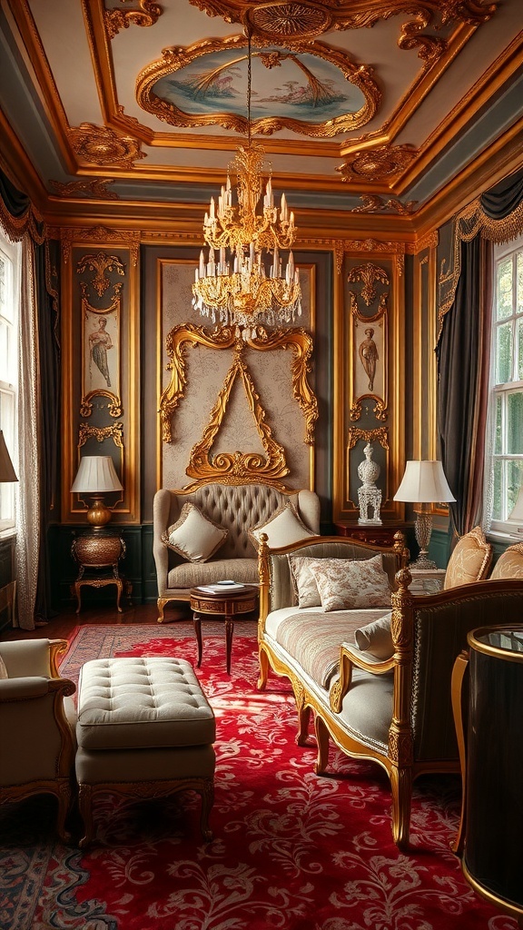 9 Stunning Bedroom Design Ideas to Transform Your Space 11 A luxurious bedroom with gold accents, featuring ornate furniture, a chandelier, and a rich red carpet.