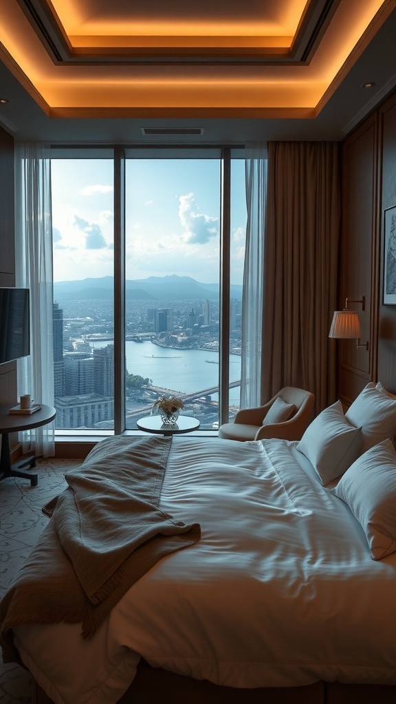 15 Inspiring Bedroom Ideas to Transform Your Space 21 Luxurious hotel suite with a city view, featuring a comfortable bed and stylish decor.