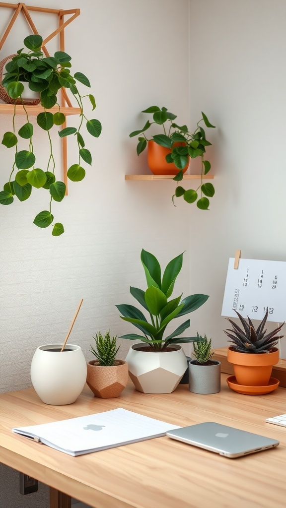 A cozy desk setup featuring various plants in stylish pots, creating a fresh and inviting workspace.