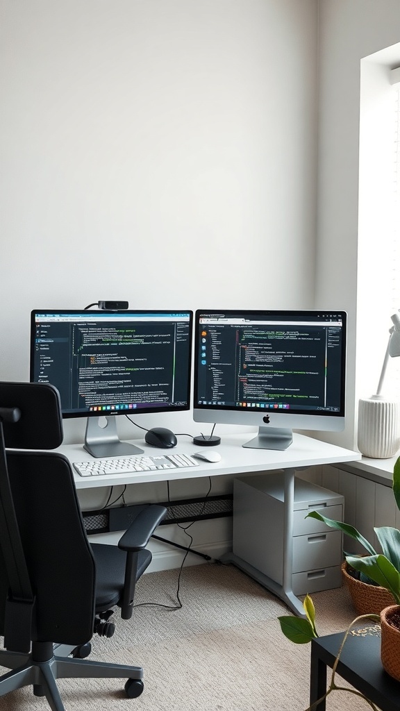 13 Essential Items for the Perfect Double Monitor Setup in Your Home Office 5 A home office featuring a double monitor setup with a sleek desk and ergonomic chair.