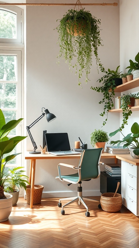 11 Inspiring Home Office Decor Ideas for a Productive Workspace 4 A bright home office with a desk, chair, and various plants, including a hanging plant, creating a biophilic design atmosphere.