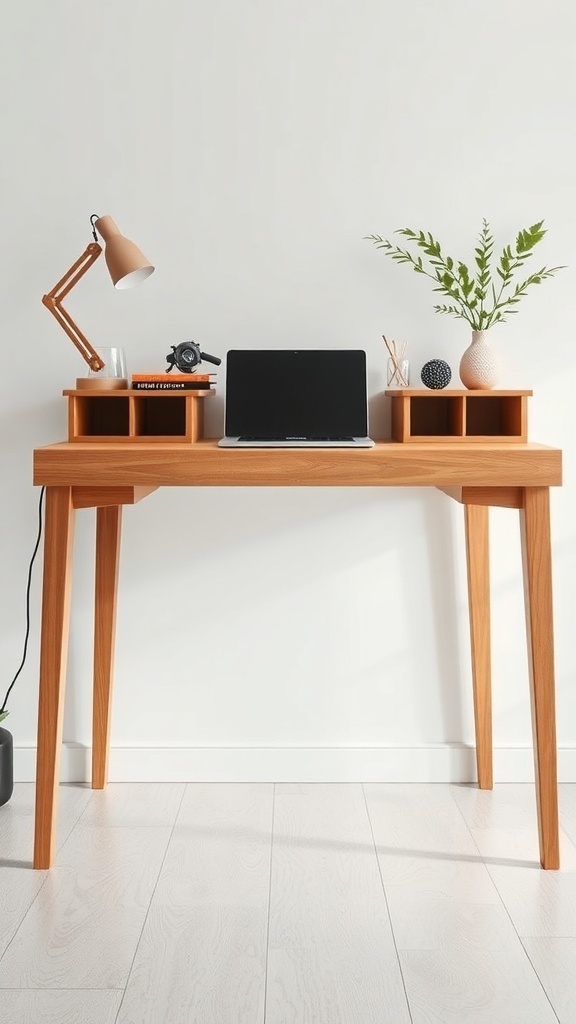 13 Must-Have Standing Desks for Your Home Office Setup 16 Stylish wooden standing desk with a laptop, lamp, and decorative items