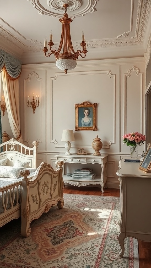 13 Stylish Bedroom Ideas to Transform Your Space 24 A vintage glamour bedroom featuring ornate decor, a chandelier, and elegant furnishings.