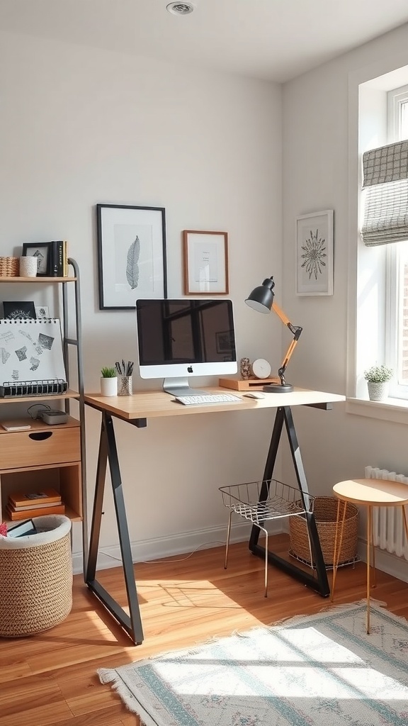 13 Must-Have Standing Desks for Your Home Office Setup 19 A modern standing desk in a small home office with a computer, lamp, and shelving unit.