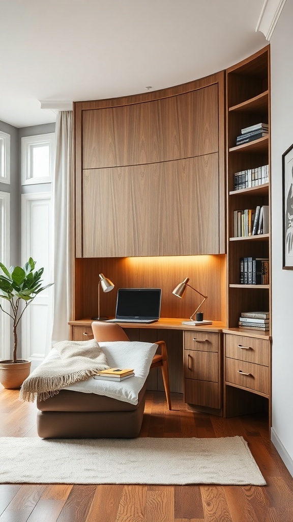12 Stylish Home Offices Featuring Murphy Beds for Multi-Functional Spaces 15 A chic home office featuring a wooden desk, shelves, and a potted plant, designed for compact spaces.