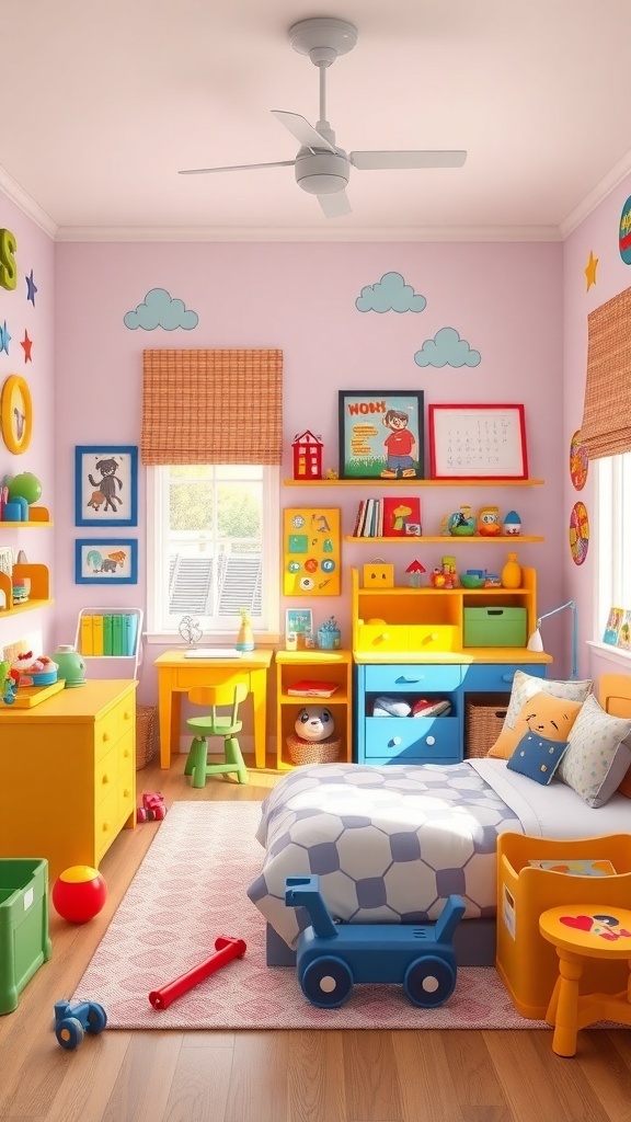 A colorful and playful kids' room featuring pink walls, yellow furniture, and blue accents.