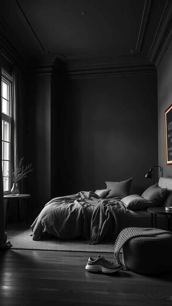 16 Stunning Grey Bedroom Ideas to Transform Your Space 19 A stylish bedroom with dark grey walls, cozy bedding, and a touch of natural light.