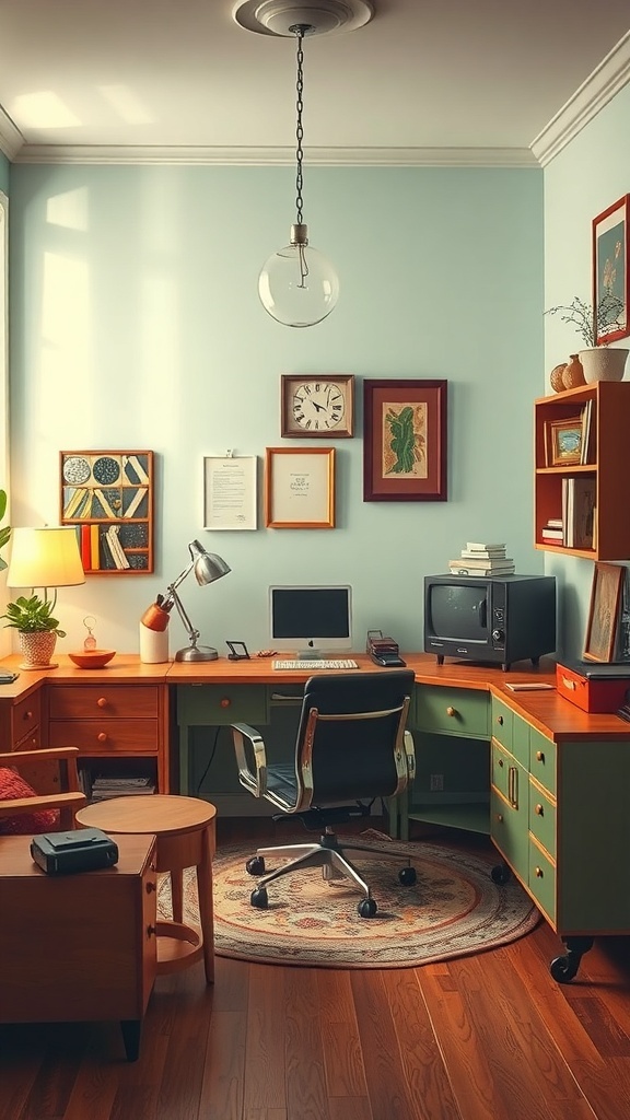 17 Inspiring Home Office Ideas for Men 24 A vintage-inspired home office with wooden furniture, blue walls, and retro decor.
