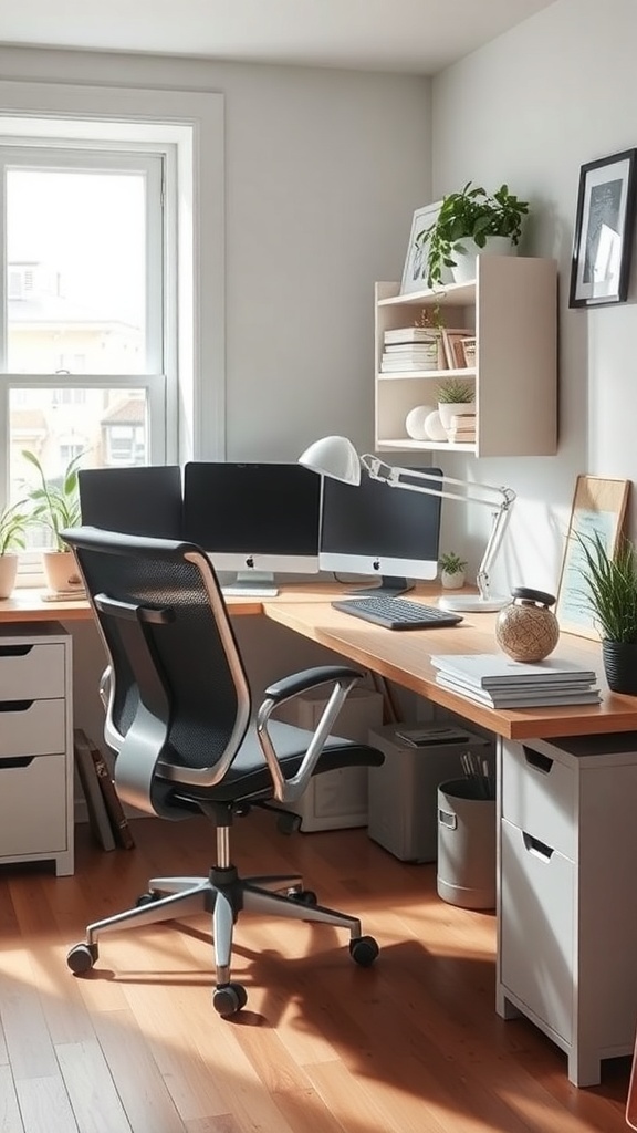 13 Essential Tips for an Organized Home Office 8 A well-organized home office with two monitors, an ergonomic chair, and plants.