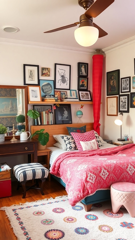 13 Stunning Bedroom Design Styles You Need to Try 9 A cozy bedroom featuring an eclectic mix of colors, textures, and decor.