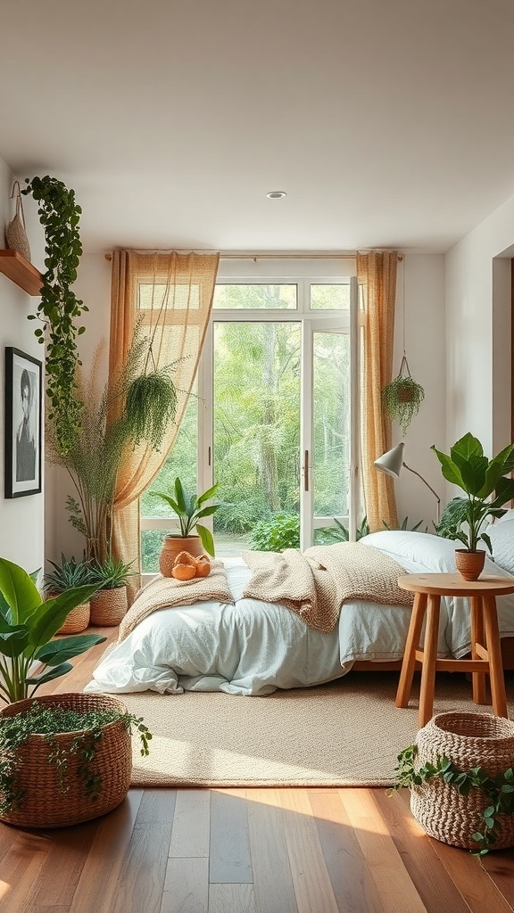 15 Inspiring Bedroom Ideas to Transform Your Space 29 A cozy bedroom with plants, natural light, and soft furnishings, creating a nature-inspired atmosphere.