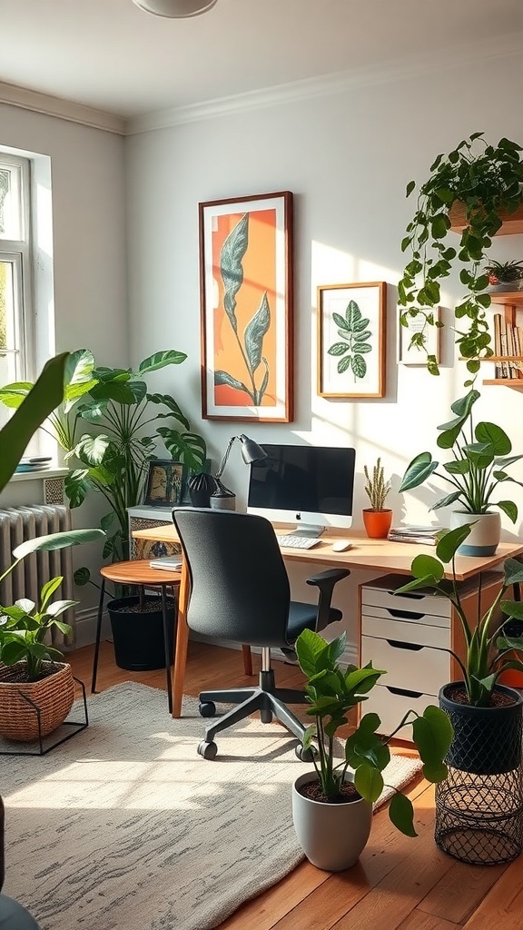 13 Essential Tips for an Organized Home Office 5 A bright home office with plants, a desk, and a computer.