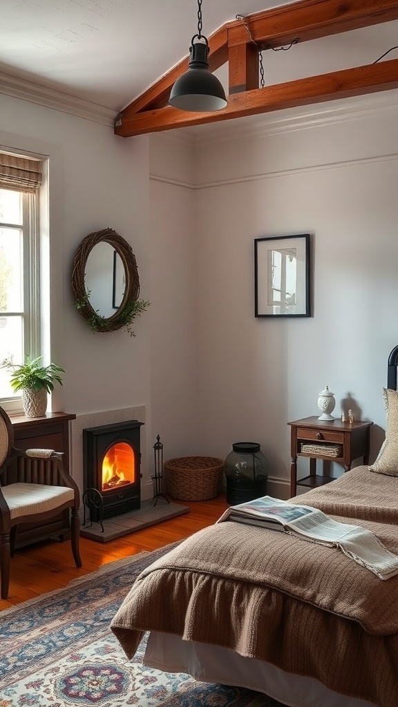 14 Cozy Bedroom Ideas to Transform Your Space 23 Cozy bedroom with a fireplace, warm lighting, and comfortable decor.
