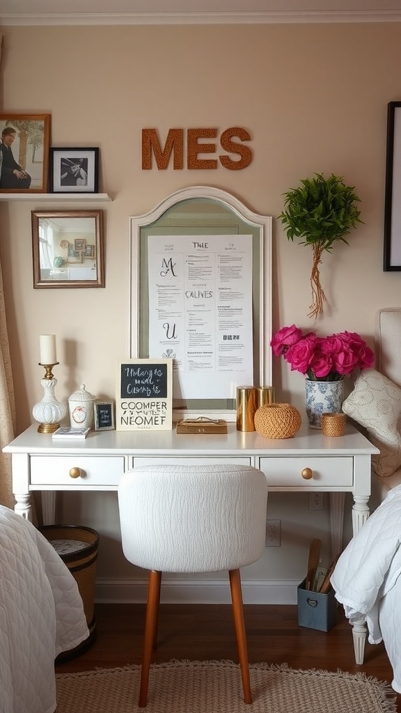 10 Chic Vanity Ideas to Elevate Your Bedroom Decor 19 A stylish vanity setup featuring a white desk, round chair, and personal decor items.