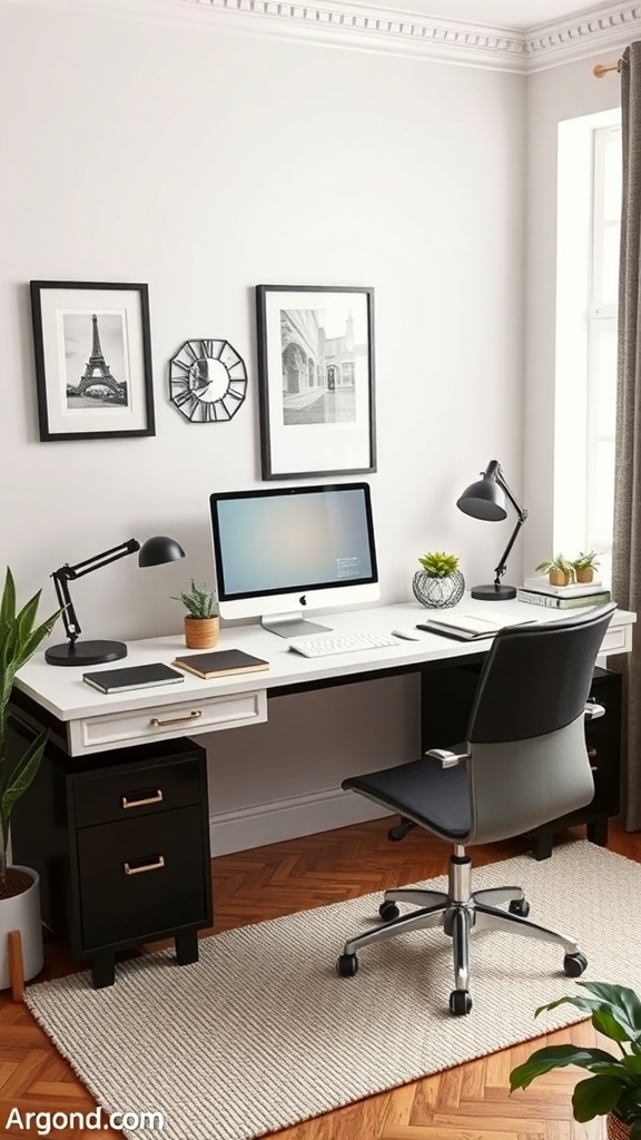 15 Must-Have Items for a Perfect Home Office Setup for Women 6 A modern home office setup featuring a white desk with black accents, a computer, and stylish decor.