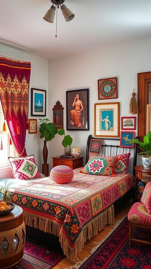 10 Chic Guest Bedroom Ideas for a Cozy Retreat 18 A cozy bohemian bedroom featuring a colorful bedspread, framed artwork, and plants.