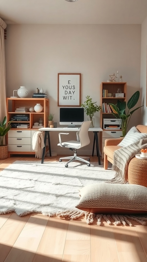 15 Must-Have Items for a Perfect Home Office Setup for Women 14 A cozy home office setup featuring a soft rug, chunky knit throw, and warm wooden furniture.