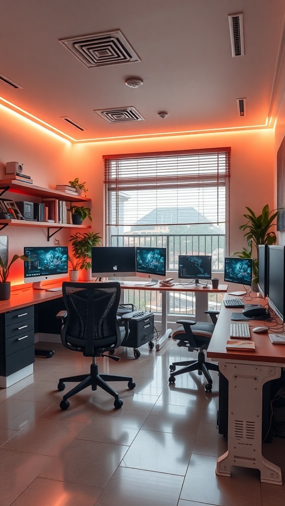 10 Must-Have Masculine Decor Items for Your Home Office 11 A modern tech-savvy home office with multiple monitors, LED lighting, and ergonomic chairs.