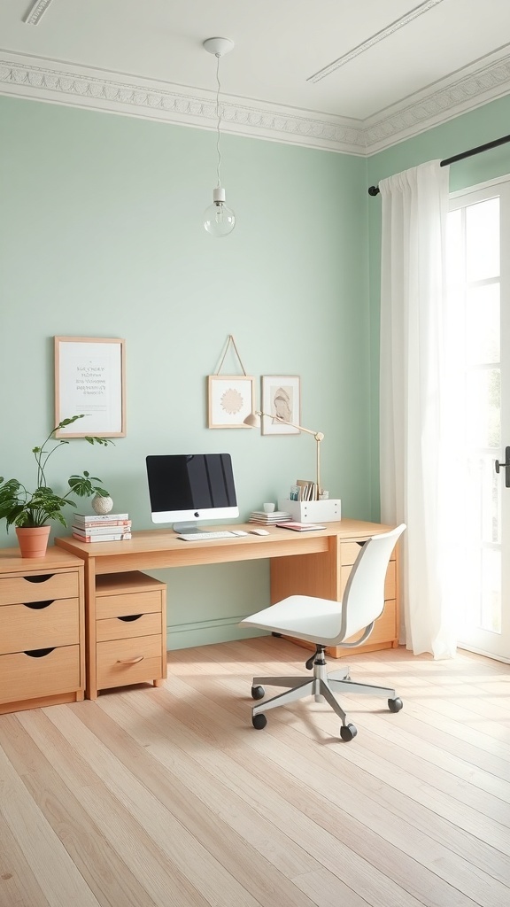 14 Inspiring Paint Colors for Your Home Office Makeover 2 A light mint green home office with a wooden desk, white chair, and natural light.