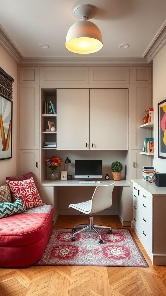 12 Stylish Home Offices Featuring Murphy Beds for Multi-Functional Spaces 19 A cozy home office featuring a red sofa, a desk with a computer, and colorful decor.