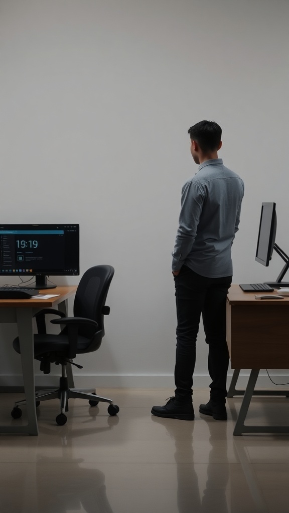 13 Must-Have Standing Desks for Your Home Office Setup 20 A person standing in a modern home office, looking at a computer screen, illustrating the concept of alternating between sitting and standing.