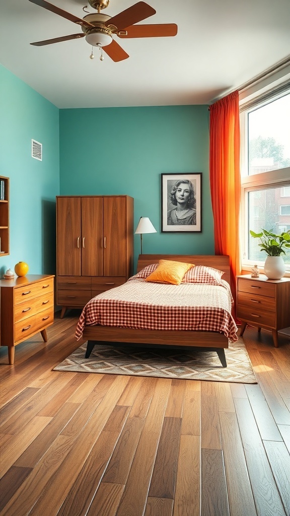 13 Stunning Bedroom Design Styles You Need to Try 12 A Mid-Century Modern bedroom featuring teal walls, wooden furniture, and a checkered bedspread.