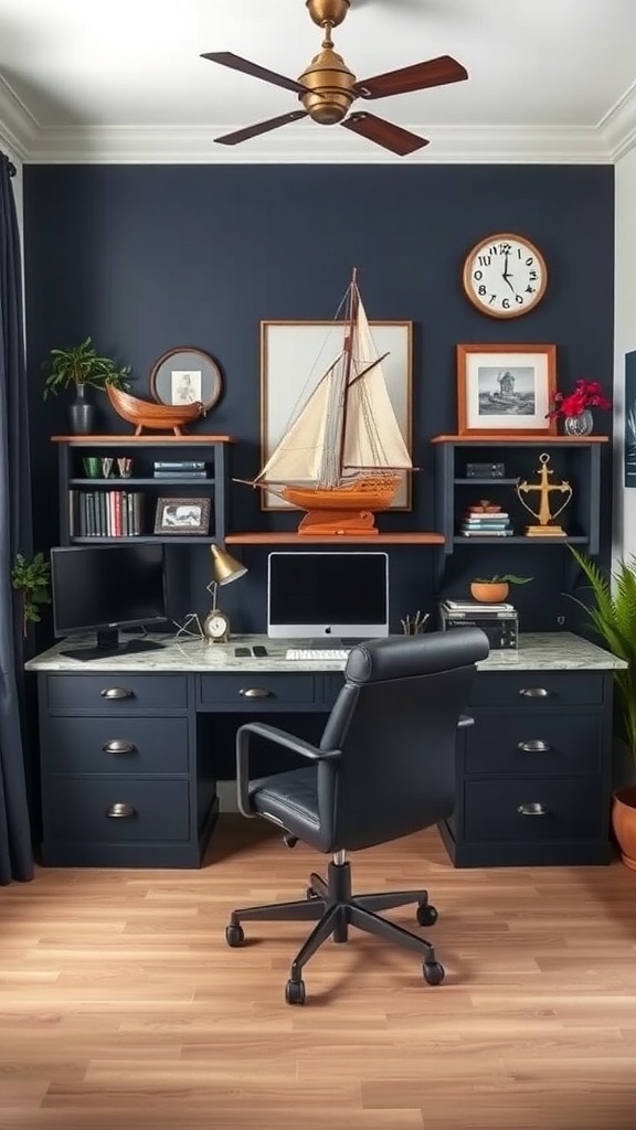 10 Must-Have Masculine Decor Items for Your Home Office 14 Nautical inspired home office with navy walls, a model sailboat on the desk, and a comfortable black chair.
