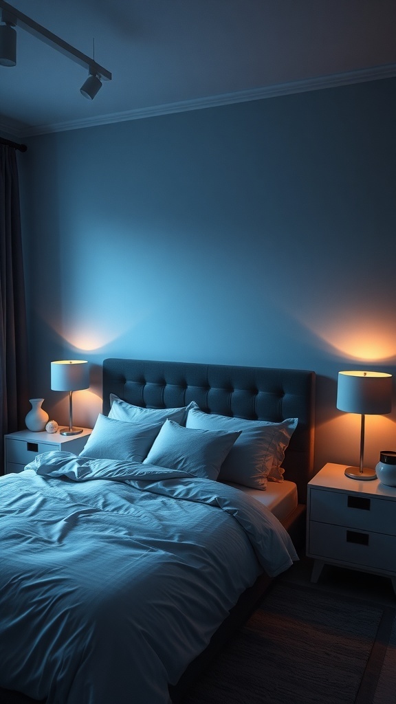 15 Cute Bedroom Ideas to Elevate Your Space 24 A cozy bedroom with blue walls and warm lighting from bedside lamps.