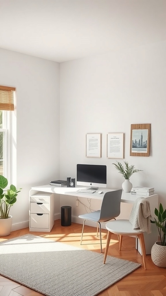 15 Must-Have Items for a Perfect Home Office Setup for Women 13 A bright and tidy home office setup featuring a desk, computer, and plants.