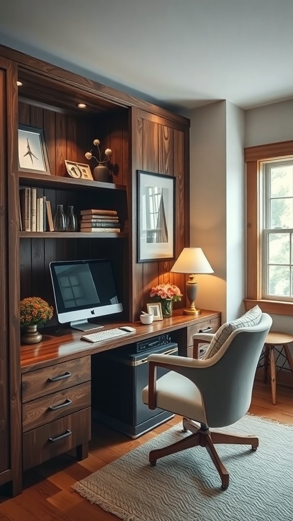 19 Creative Murphy Bed Office Guest Bedrooms Ideas 5 Cozy office space with wooden accents, computer, and decorative items.